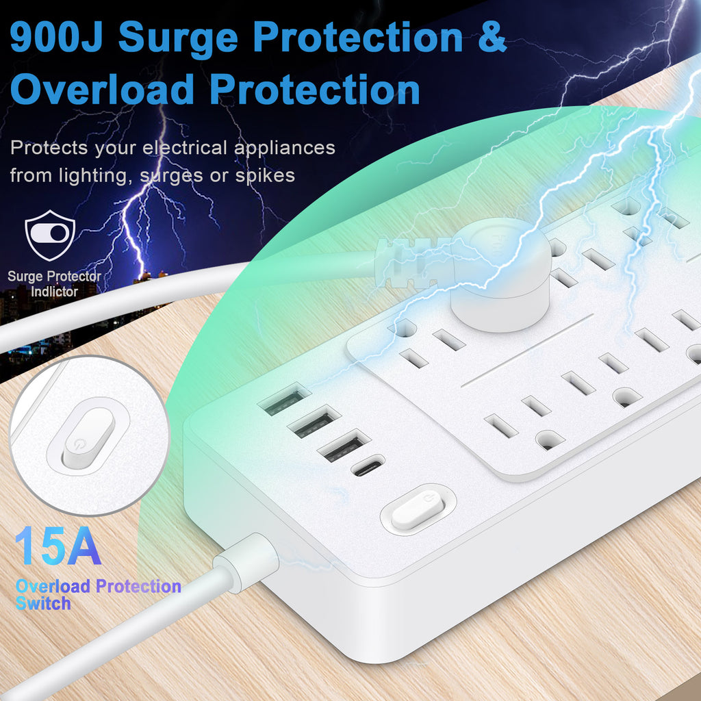 6 FT Surge Protector Power Strip, 10 Outlets 4 USB Ports(1 USB‑C), 14‑in‑1 Long Extension Cord, Flat Plug, 1700J, 1625W/13A, White