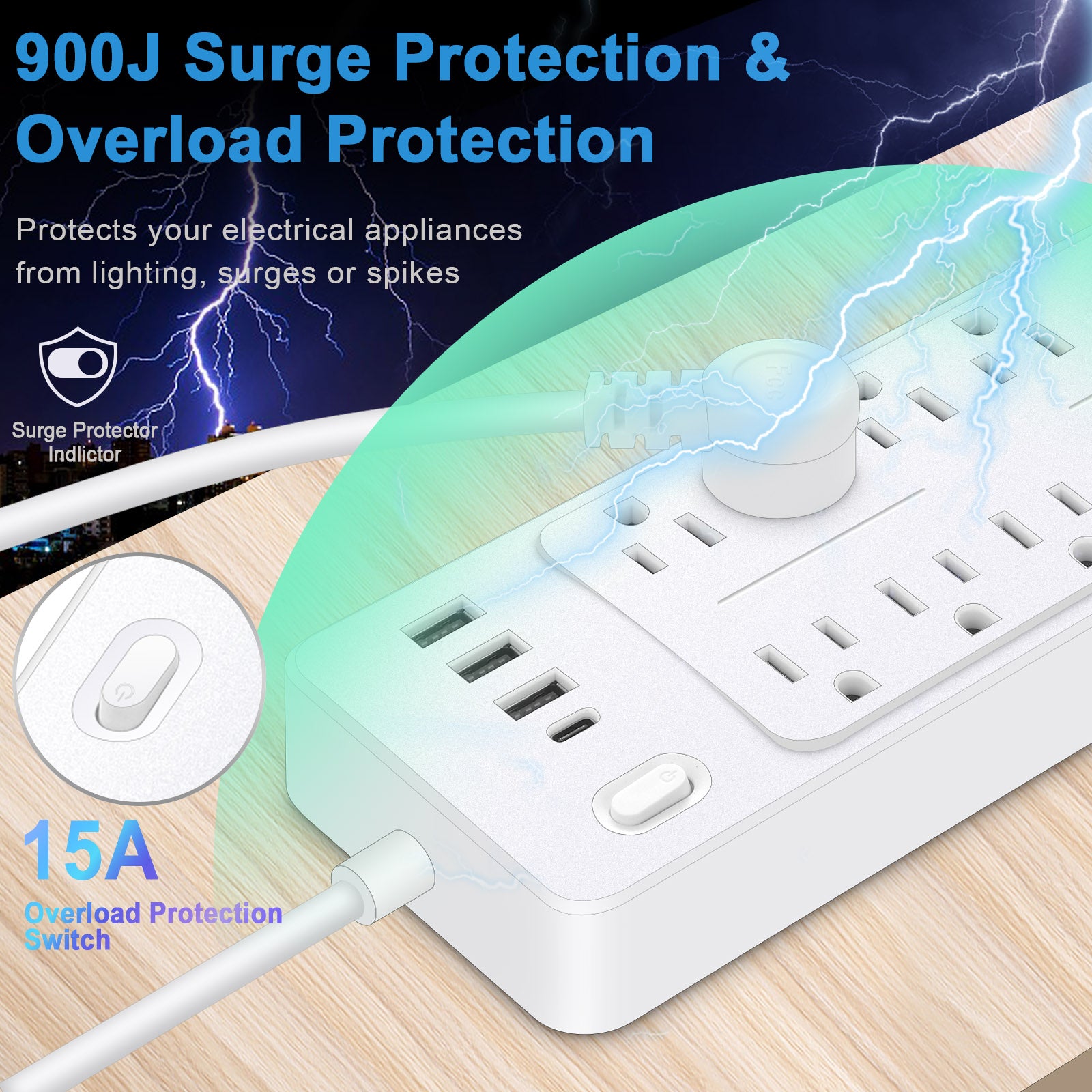 6 FT Surge Protector Power Strip, 10 Outlets 4 USB Ports(1 USB‑C), 14‑in‑1 Long Extension Cord, Flat Plug, 1700J, 1625W/13A, White