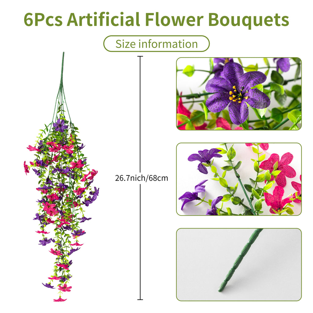 6Pcs Artificial Hanging Orchid Flowers, 26.7in/68cm UV Resistant Fake Trailing Flower Vines for Porch Patio Outdoor Fall Season Decor