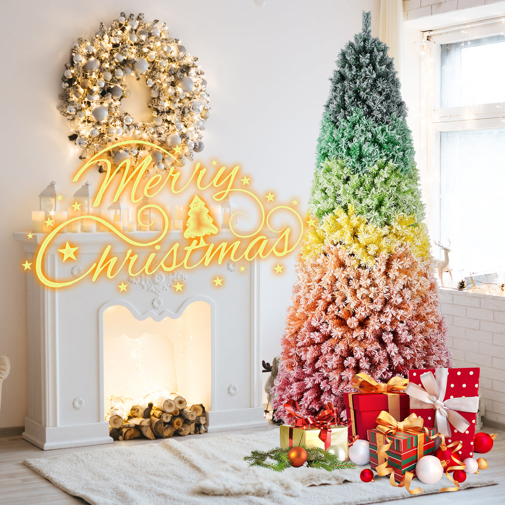 6FT/7.5FT Rainbow Gradient Christmas Tree, Snow Flocked Artificial Xmas Tree with Metal Stand for Holiday Decoration