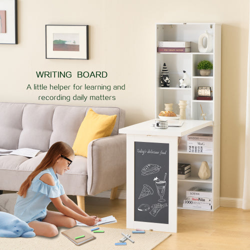 AEELLEEA Fold out Wall Mount Murphy Desk with Storage Shelves & Chalkboard, Space Saving Convertible Writing Table for Home Office