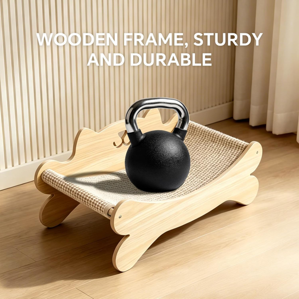 Cat Scratcher Bed for Indoor Cats Kitten Bed Cat Hammock with Solid Wood Frame Wear Resistant Sisal Backrest Design Cats Scratcher Lounge, Wooden Cat Furniture