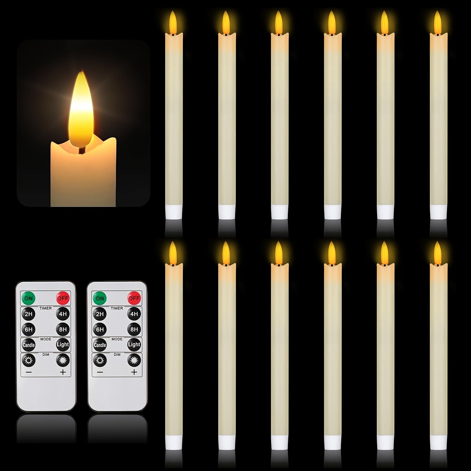 Flameless Ivory Taper Candles Flickering with 10-Key Remote, LED Warm 3D Wick Light Window Candles Real Wax Pack of 10, Christmas Home Wedding Decor