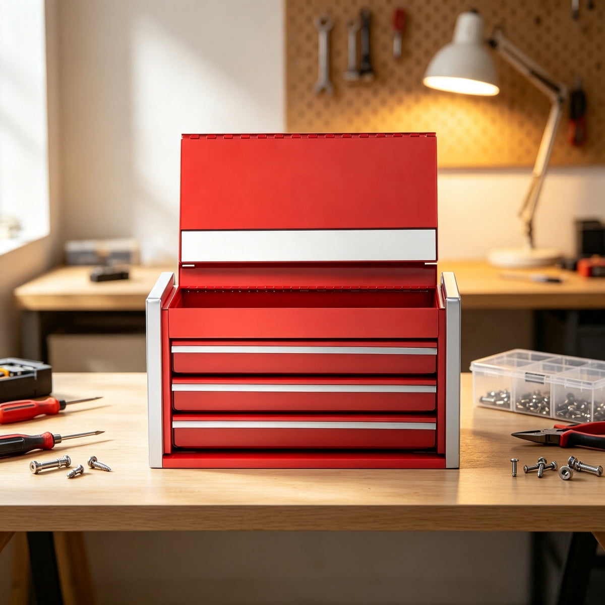 Mini Metal Tool Box with 3 Drawers, Powder Coated Steel Small Storage Chest with Magnetic Lid, Portable Desktop Organizer for Tools, Jewelry & Craft Supplies