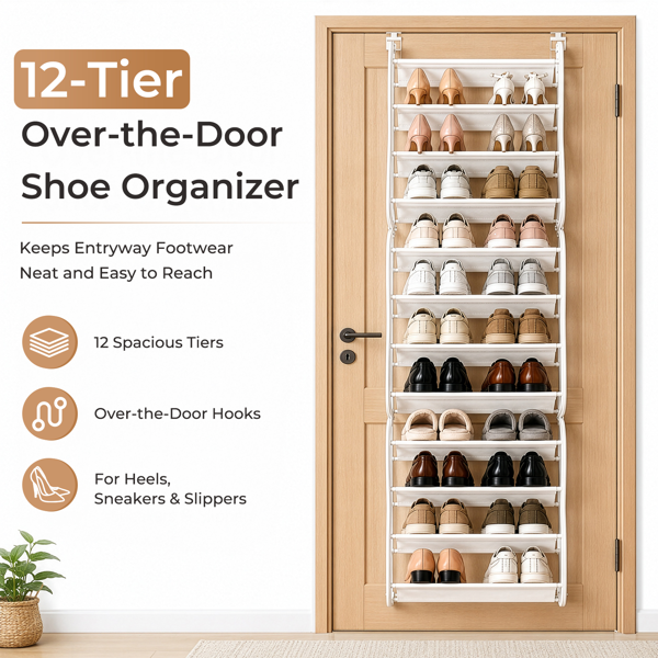 Over the Door Organizer 12 Tier, White Hanging Shoe Rack with Hooks for Heels Sneakers Slippers, Multi Function Storage for Entryway