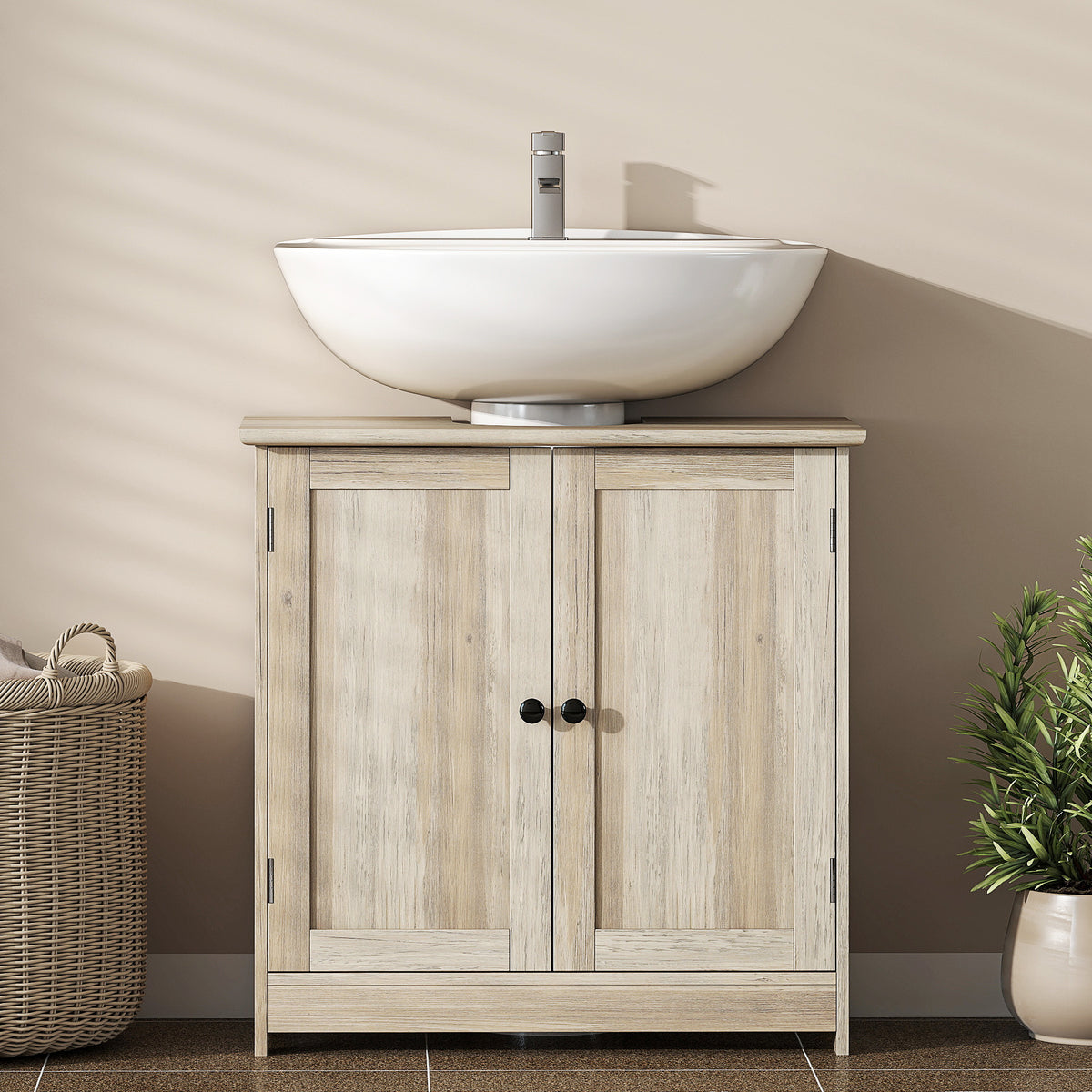 AEELLEEA Weathered Gray Oak Under Sink Bathroom Cabinet, MDF Pedestal Storage Cabinet with Adjustable Shelf & Double Doors
