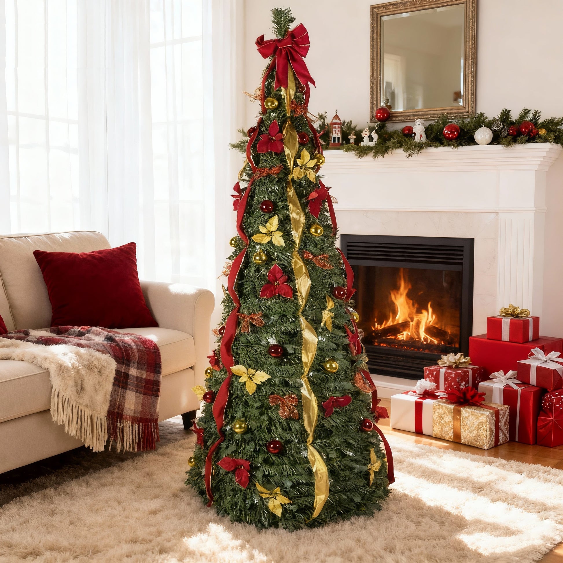 6FT/ 7.5FT glamorous lighted Christmas tree withornaments is the perfect festive home decoration for aparty. The tree features festive details, such as bows andribbons
