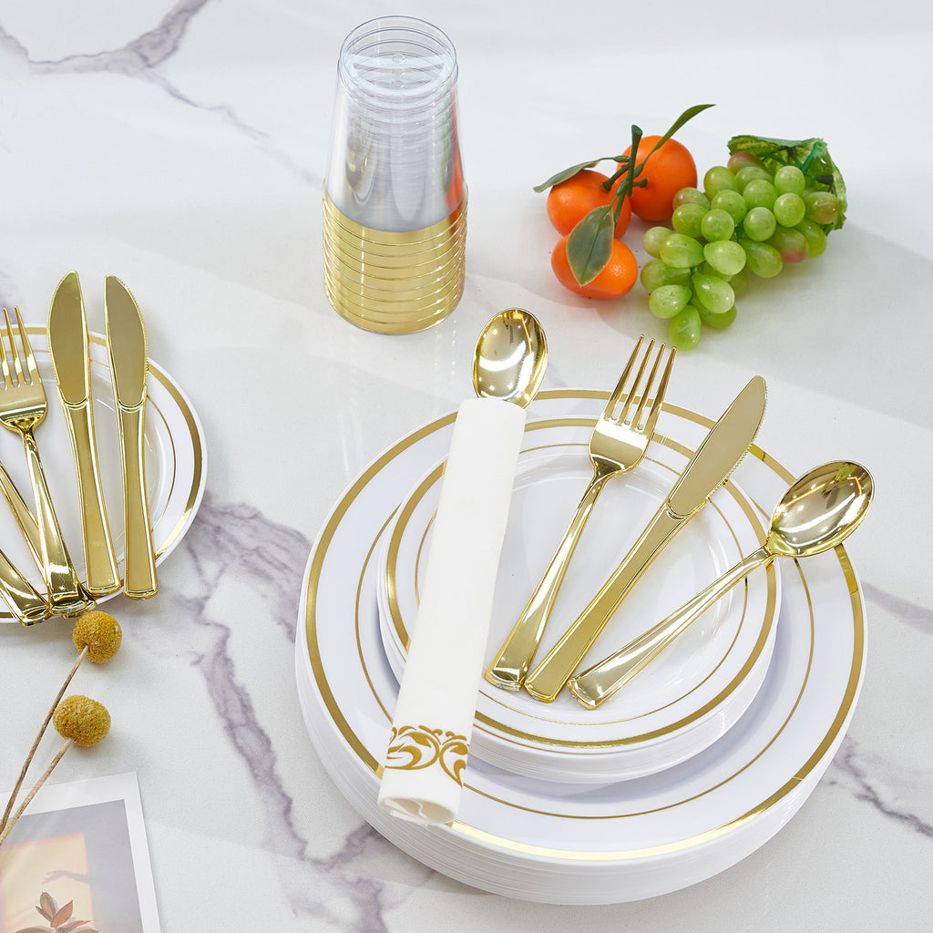 350Pcs Gold Disposable Dinnerware Set for 50 Guests, White Plastic Plates with Gold Rim, Cups, Gold Cutlery, Heavy‑Duty Party Supplies for Wedding Birthday Banquet