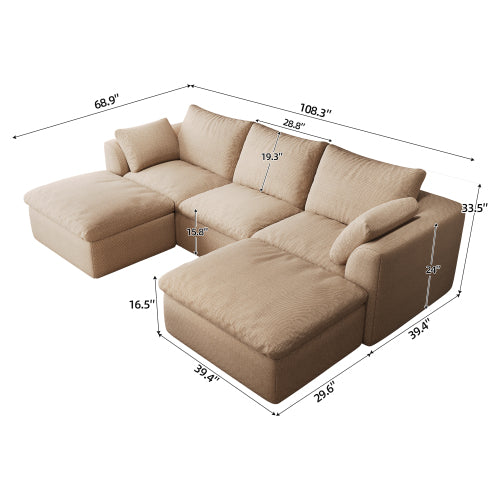 108" U Shaped Sectional Sofa, 5-Seat Double Chaise Cloud Couch, Khaki Linen Fabric Sofa for Living Room Apartment