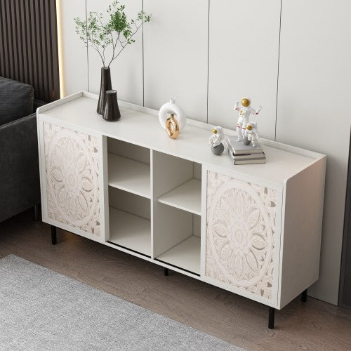 AEELLEEA 58.6" White Sideboard Buffet Cabinet with 2 Carved Doors, 4 Open Shelves, Farmhouse Storage Cabinet for Living Room