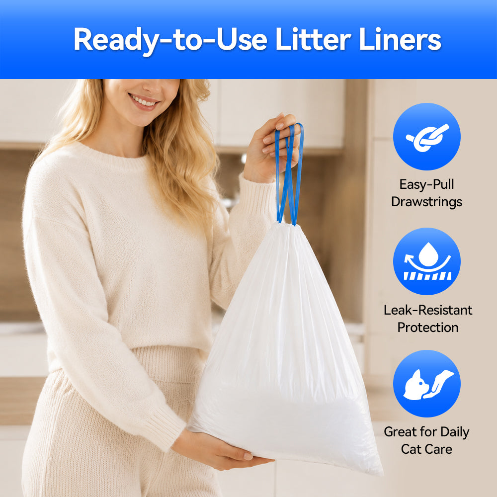 Aeelleea 1 Roll Drawstring Cat Litter Box Liners 20-Pack Leak-Resistant Fit Open-Top Auto Litter