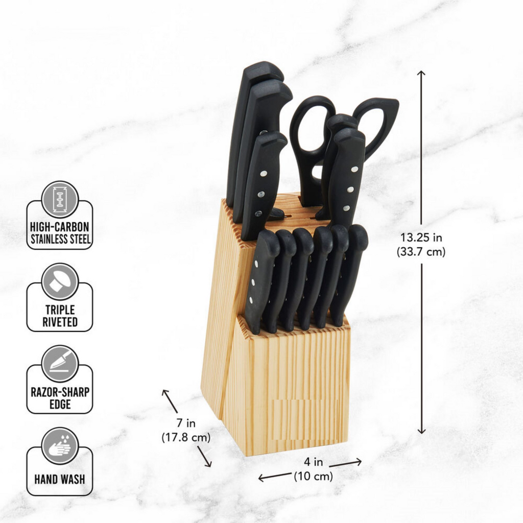 AEELLEEA 22 Piece Kitchen Knife Set with Wood Block, High Carbon Stainless Steel Knives, Spatulas & Measuring Spoons