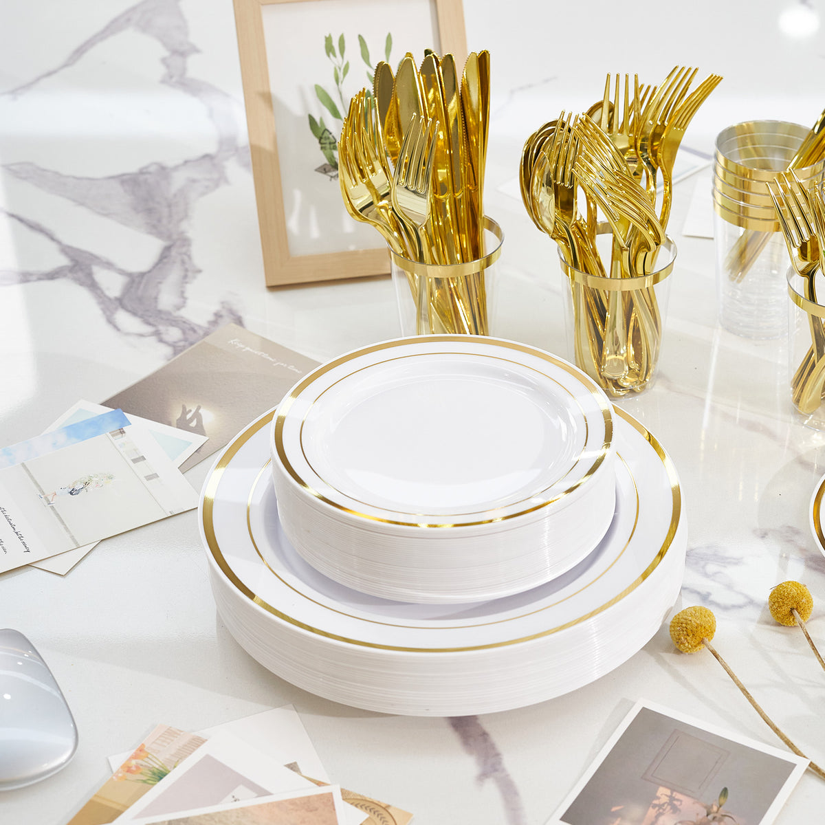 350Pcs Gold Disposable Dinnerware Set for 50 Guests, White Plastic Plates with Gold Rim, Cups, Gold Cutlery, Heavy‑Duty Party Supplies for Wedding Birthday Banquet
