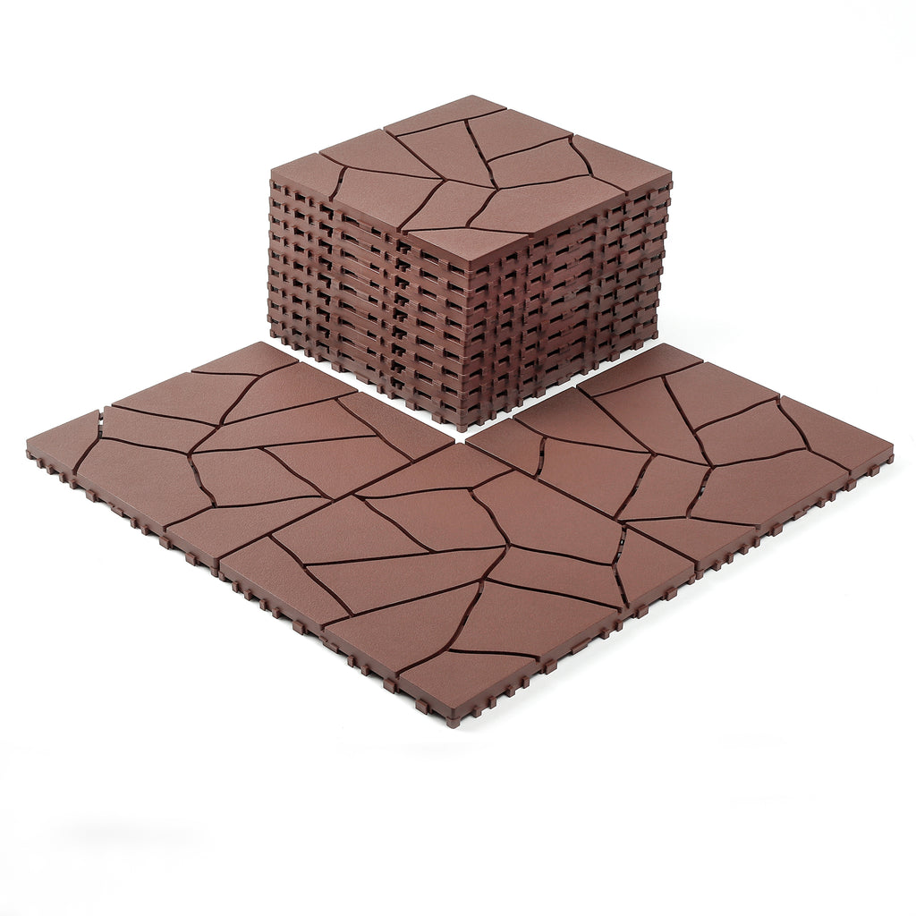 AEELLEEA Stone Look 12 Inch Interlocking Patio Deck Tiles, 44 Pcs Brown PP Outdoor Floor Tiles for Poolside Balcony Backyard