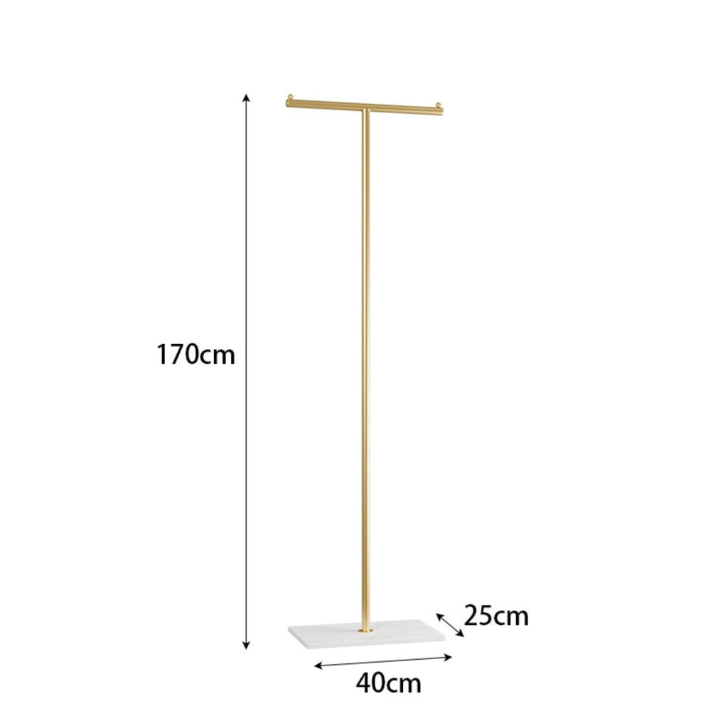 Gold Metal Freestanding Clothing Rack, Modern T-Shaped Garment Rack with White Marble Base for Bedroom Entryway