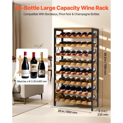 48 Bottle Wine Rack, 8 Tier Freestanding Wine Storage Cabinet with Wood Top, Black Metal Floor Standing Wine Rack