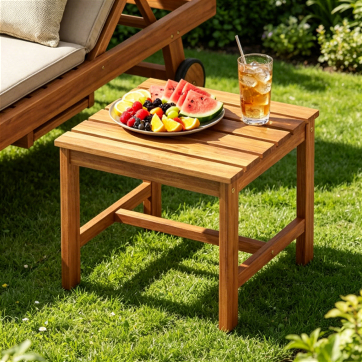 17 Inch Acacia Wood Outdoor Side Table, Square Slatted Patio End Table with Drainage Design, Heavy Duty Reinforced Frame for Backyard Garden Poolside