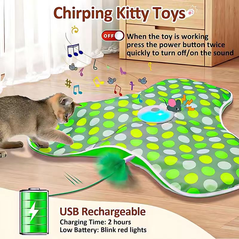 AEELLEEA Universal Size Touch-Activated Cat Toy - Moving Concealed Feathers, Real Mouse Squeak, Indoor Exercise Toy, Green
