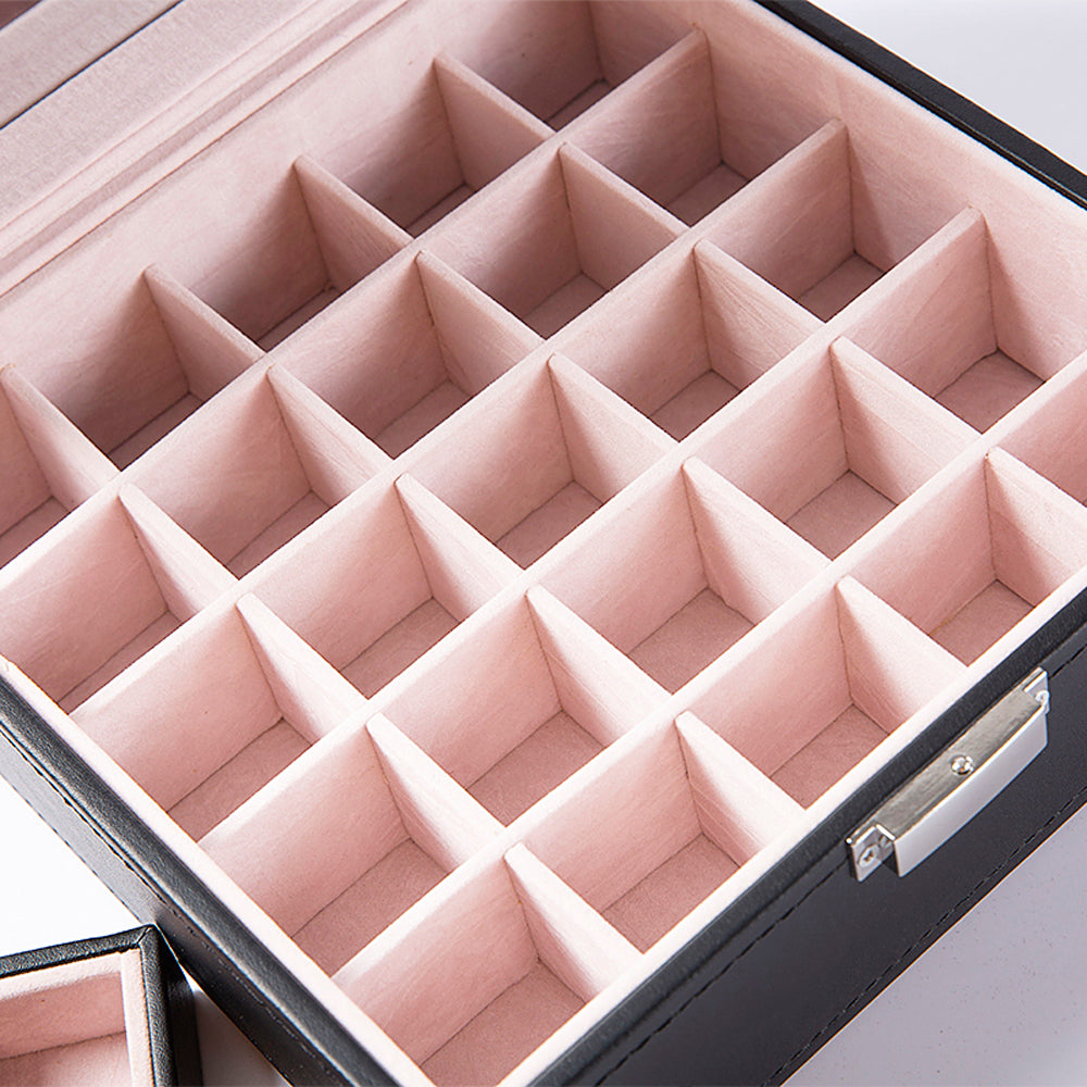 AEELLEEA-50 Slot Black Jewelry Organizer Box with Large Mirror, Earring Storage Case for Necklaces, Earrings & Bracelets