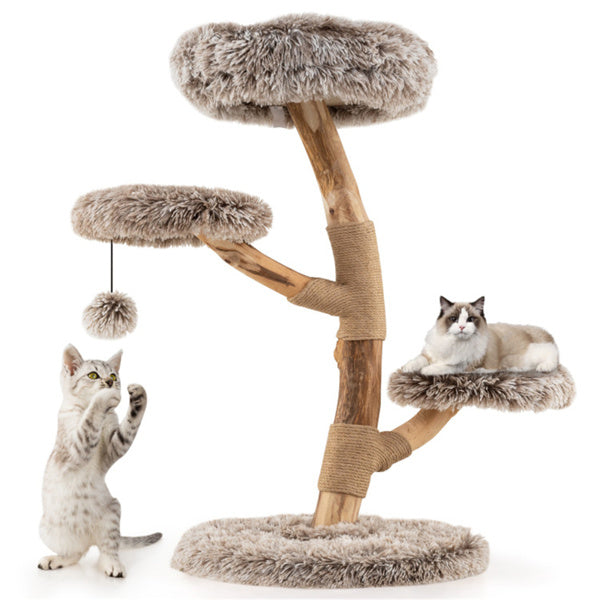 AEELLEEA 35.5-Inch Natural Wood Cat Tree with Plush Perches, Sisal Scratching Posts and Hanging Pom-Pom Toy