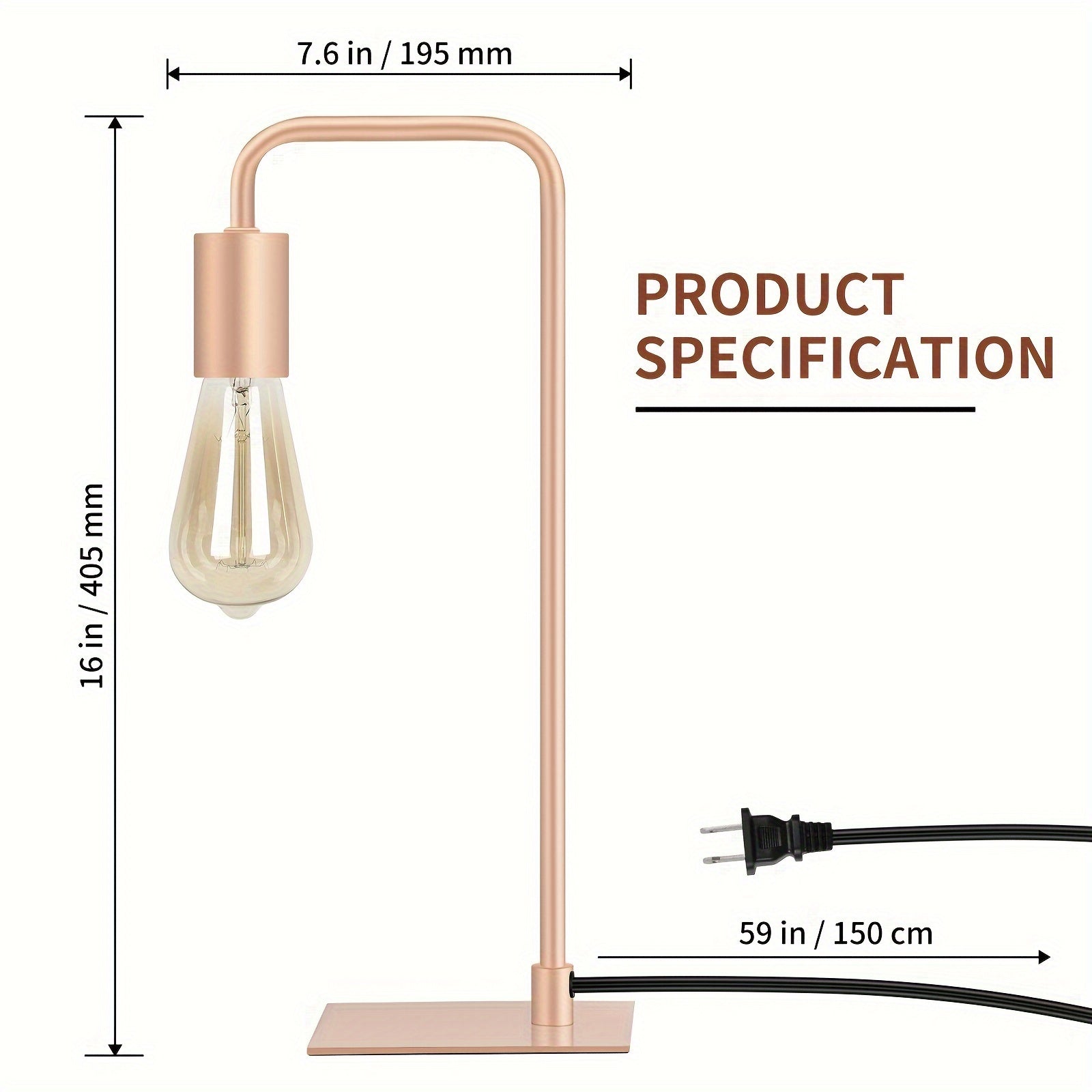 Rose Gold Desk Lamp - Edison Desk Lamp - Industrial Bedside Lamp For Bedroom, Living Room, Dormitory - Small Metal Lamp For Reading, Nightstand, Dressing Table