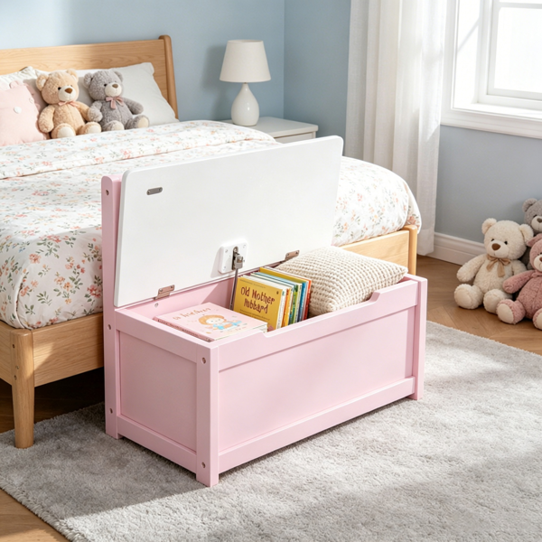 AEELLEEA Kids Toy Storage Chest, Pink Wooden Toy Box with Hinged Lid for Nursery, Bedroom and Playroom, 23.5 x 11.75 x 19.75 in
