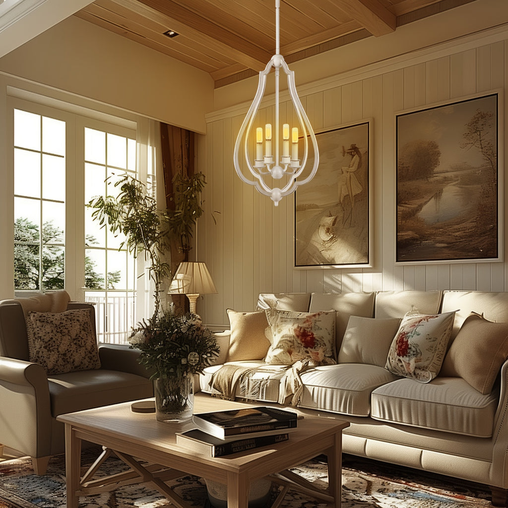 4-Light White Bud-Shaped Pendant Light - Vintage Metal French Country Style - Ideal for Kitchen Island, Farmhouse, Dining Room, Living Room, Bedroom & Foyer (Bulbs Not Included)