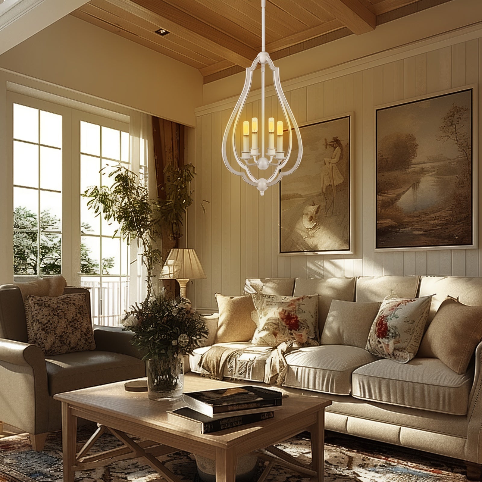 4-Light White Bud-Shaped Pendant Light - Vintage Metal French Country Style - Ideal for Kitchen Island, Farmhouse, Dining Room, Living Room, Bedroom & Foyer (Bulbs Not Included)