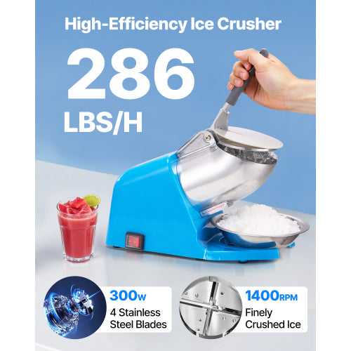 Ice Crusher Machine, 286lbs/hr, 4 Blades Snow Cone Maker, Stainless Steel Shaved Ice Machine with Bowl & Cover, 300W for Home & Commercial, Blue