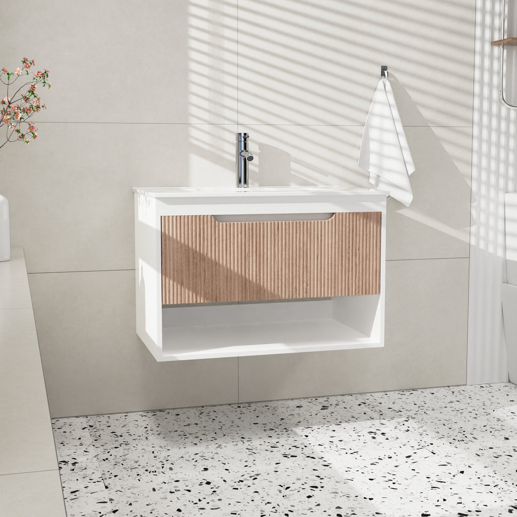 AEELLEEA 30" Floating Bathroom Vanity, Fluted Oak Drawer, White Ceramic Sink, Wall Mount Bath Cabinet