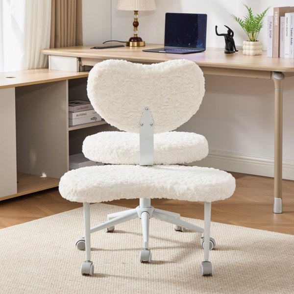 AEELLEEA White Plush Office Chair with Rolling Footrest, Adjustable Height Desk Chair with Soft Upholstery and Casters