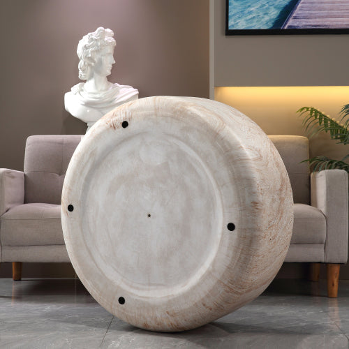 AEELLEEA Round Coffee Table, Beige Stone-Look Modern Low Table, 31.89-Inch Wide