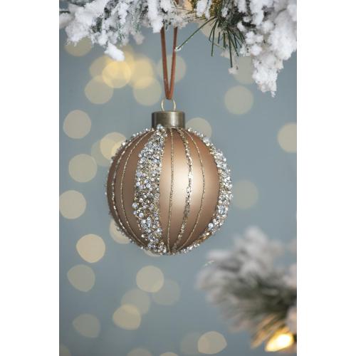 AEELLEEA 3.9" Bronze Glitter Striped Glass Christmas Ball Ornaments Set of 6, Hanging Baubles for Xmas Tree Holiday Home Decor