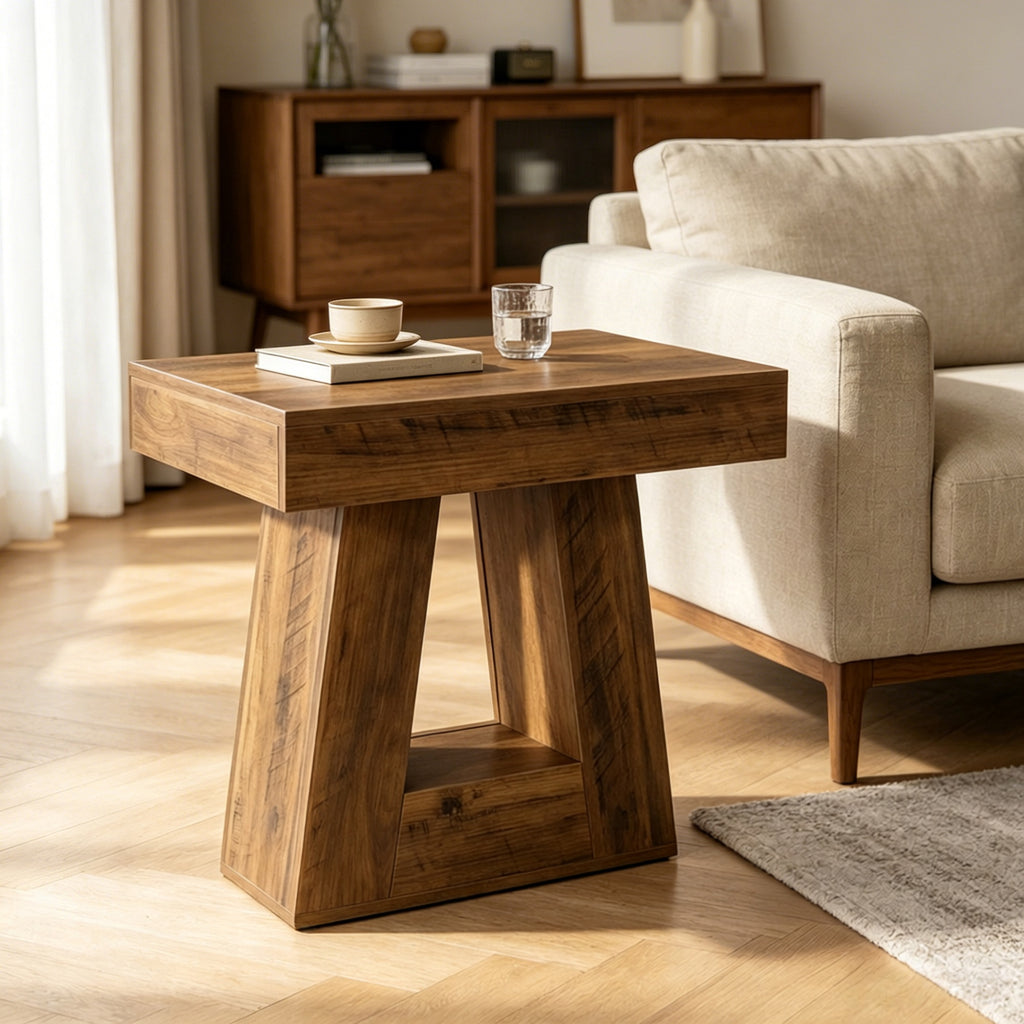 AEELLEEA Rustic Wood Grain End Table, 23.62"H x 23.62" L x15.75" W, Geometric Side Table with Open Storage Compartment for Living Room