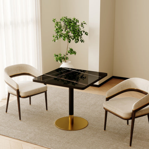 AEELLEEA 31.5-Inch Square Dining Table, Black Marble-Look Top with Black and Gold Metal Pedestal Base, Modern Kitchen Table