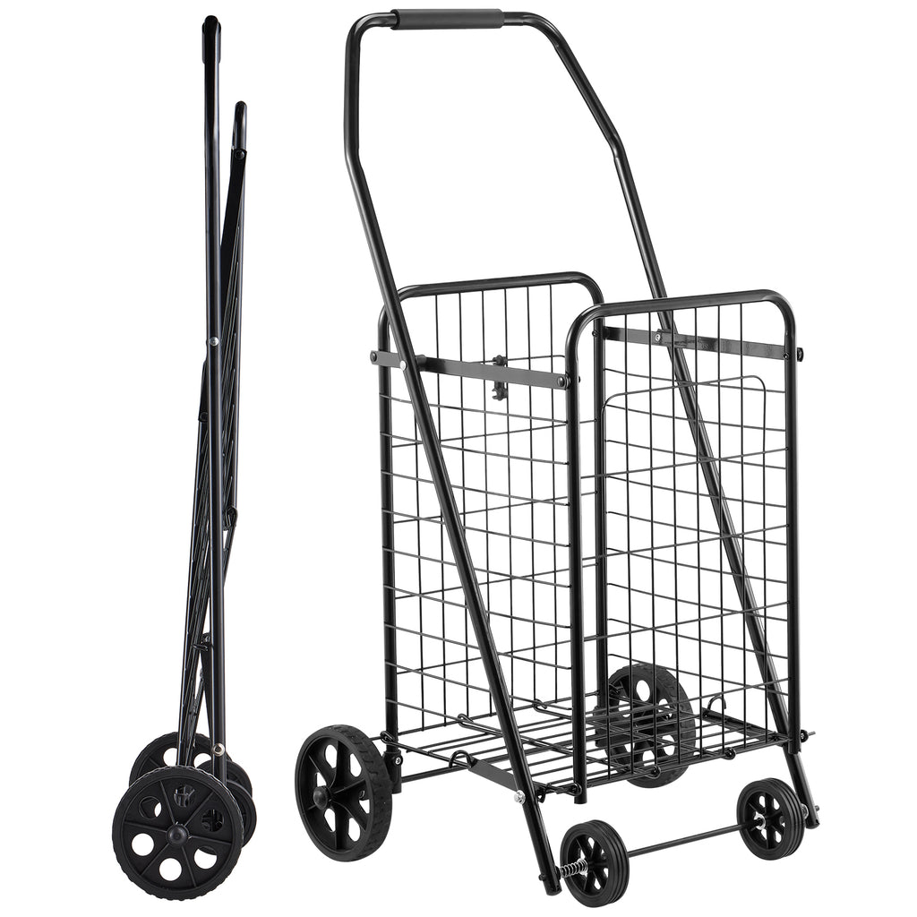 Shopping Cart, Folding Grocery Utility Cart with Swivel Wheels, 90 LBS Large Load Capacity, Heavy Duty Rolling Laundry Basket Butler for Laundry, Shopping, Camping, Grocery, Luggage, Black