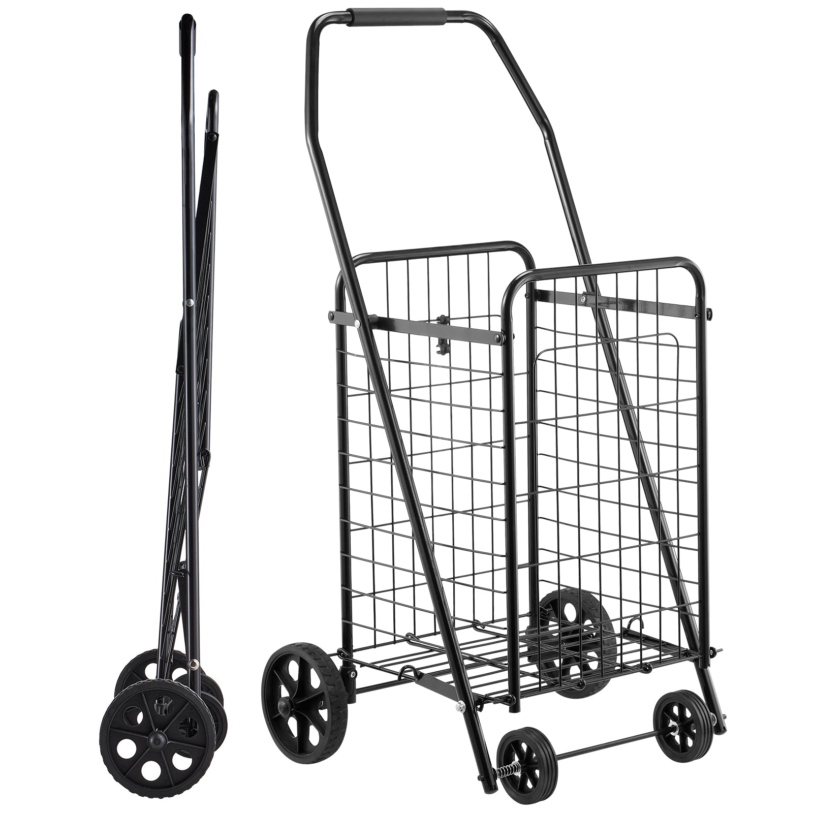 Shopping Cart, Folding Grocery Utility Cart with Swivel Wheels, 90 LBS Large Load Capacity, Heavy Duty Rolling Laundry Basket Butler for Laundry, Shopping, Camping, Grocery, Luggage, Black