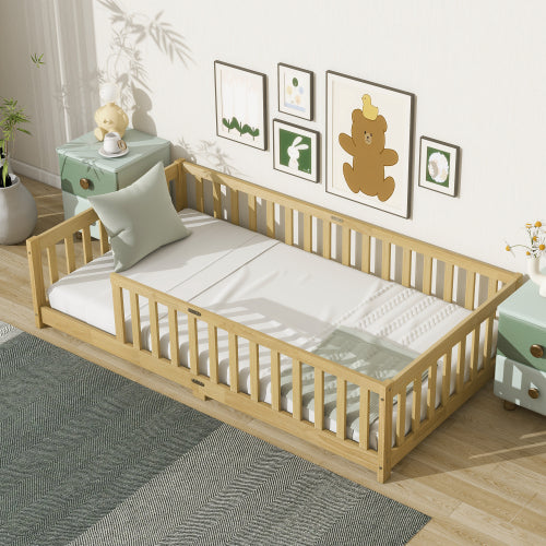 AEELLEEA Twin Size Montessori Floor Bed with Guardrails, Wooden Kids Bed Frame with Low Entry and Slats, Natural