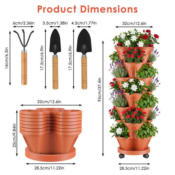 7‑Tier Vertical Stackable Planter with Rolling Casters, Reddish‑Brown Space‑Saving Planting Tower with Drainage Holes for Home Balcony Patio Herb Vegetable