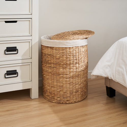 AEELLEEA 15 x 20 Inch Round Woven Water Hyacinth Laundry Hamper with Lid & Removable Liner, Decorative Storage Basket for Bedroom
