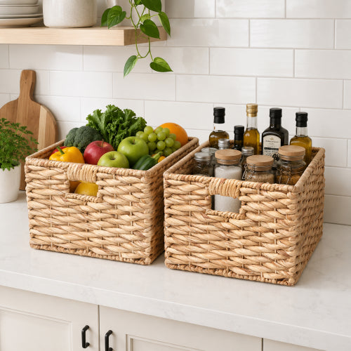 Water Hyacinth Storage Basket, Natural, Handwoven Twisted Weave Basket with Handles – Shelf Organizer, Towel Storage, Living Room Storage