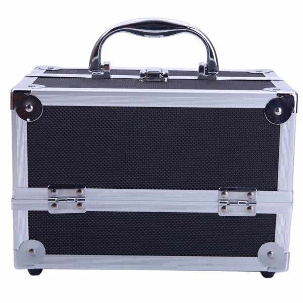 Portable Diamond Texture Aluminum Makeup Storage Bag with Mirror & Key Black