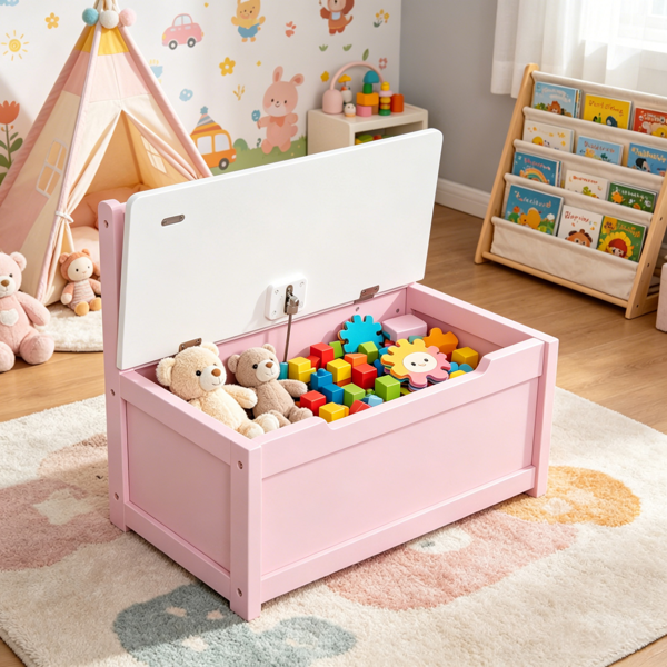 AEELLEEA Kids Toy Storage Chest, Pink Wooden Toy Box with Hinged Lid for Nursery, Bedroom and Playroom, 23.5 x 11.75 x 19.75 in