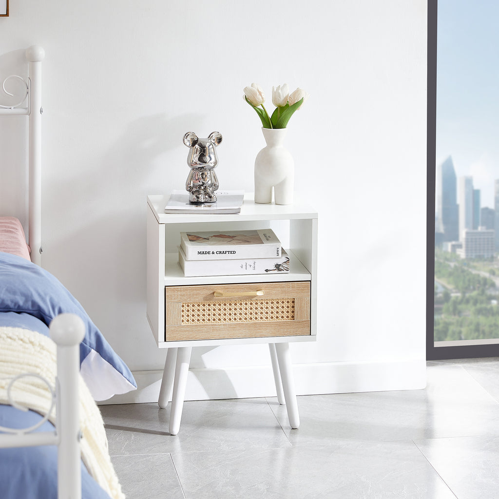 AEELLEEA- Rattan Side Table, Rectangle White End Table with Solid Wood Legs, MDF Frame, 120lbs Load Capacity