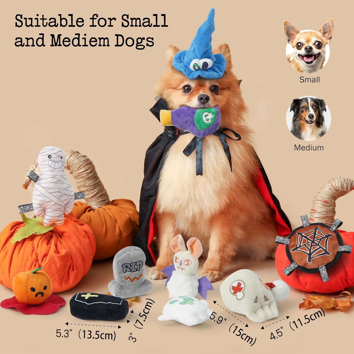 10PC Halloween Dog Toys Set, Creepy-Theme Puppy Enrichment Small Dog Toys Squeaky & Crinkle Funny Plush Stuffed Chew Toys Bundle for with Pumpkin, Skeleton, Mummy, Bat & More
