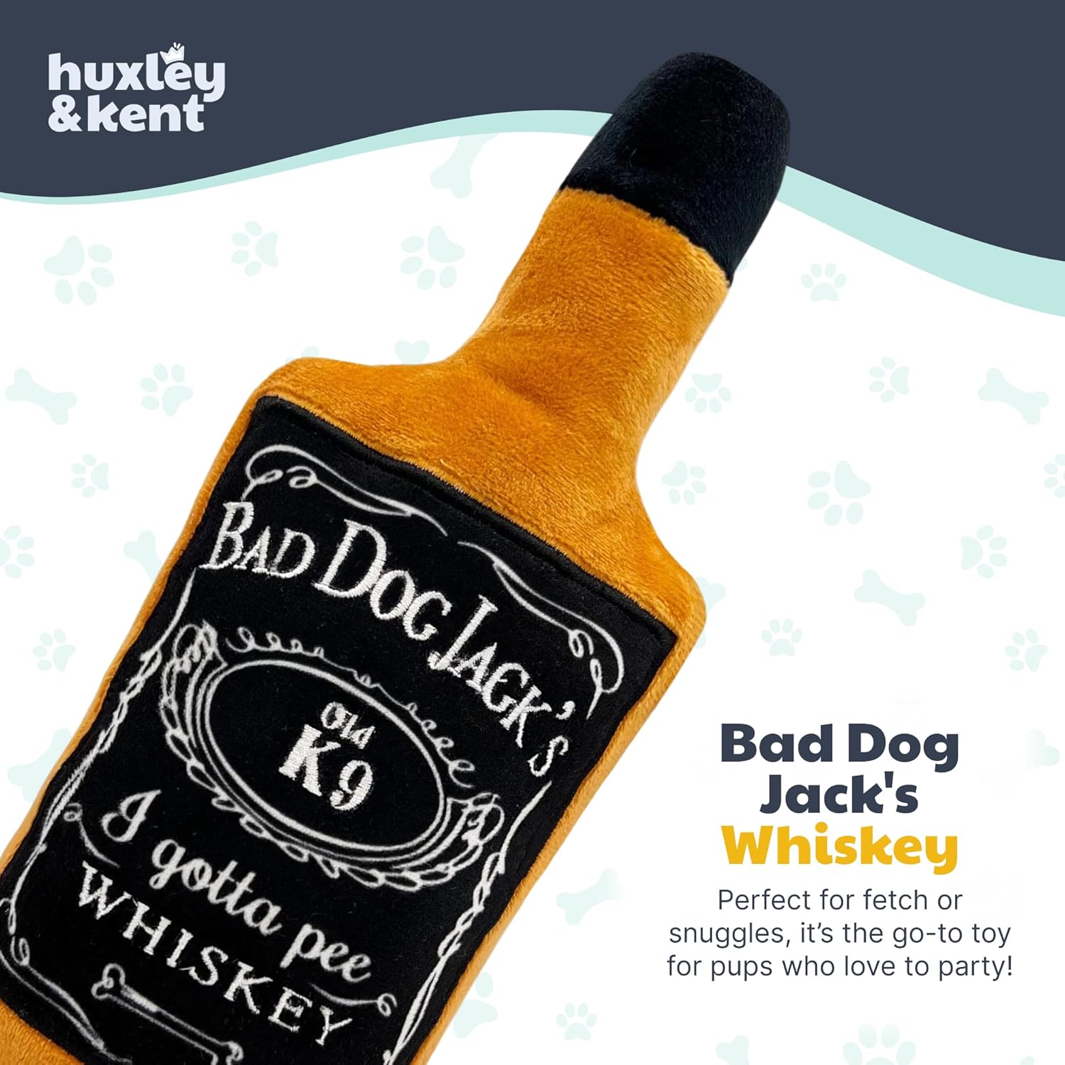 Huxley & Kent Funny Dog Toys w/Squeaker & Crinkl -Stimulating & Interactive Chew Toy for Dogs - Mesh Lined Stuffed Doggie Toy - Easy to Clean Doggie Toys for All Breeds (Bad Dog Jack's Whiskey,Small)