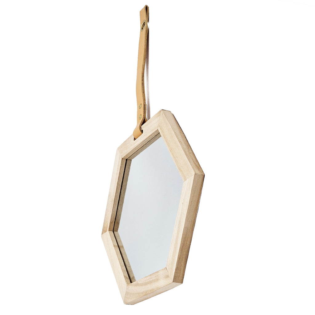 11x10 Inch Hexagon Wall Mirror, Natural Wood Frame Hanging Geometric Mirror for Home Decor