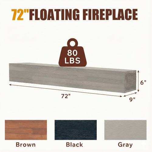 AEELLEEA 72-Inch Solid Wood Floating Fireplace Mantel Shelf, 9 x 6 Inches, 80 lb Capacity