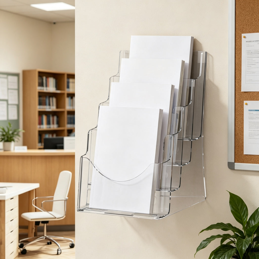 4-Tier Acrylic Wall Mounted File Holder, Clear Wall File Organizer, Hanging Paper Magazine Rack for Office Home