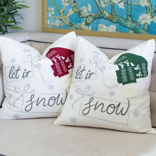 AEELLEEA Let It Snow 20x20in Christmas Throw Pillow, Cotton Cushion with 3D Knit Hat Embroidery, Cover & Insert for Holiday Decor